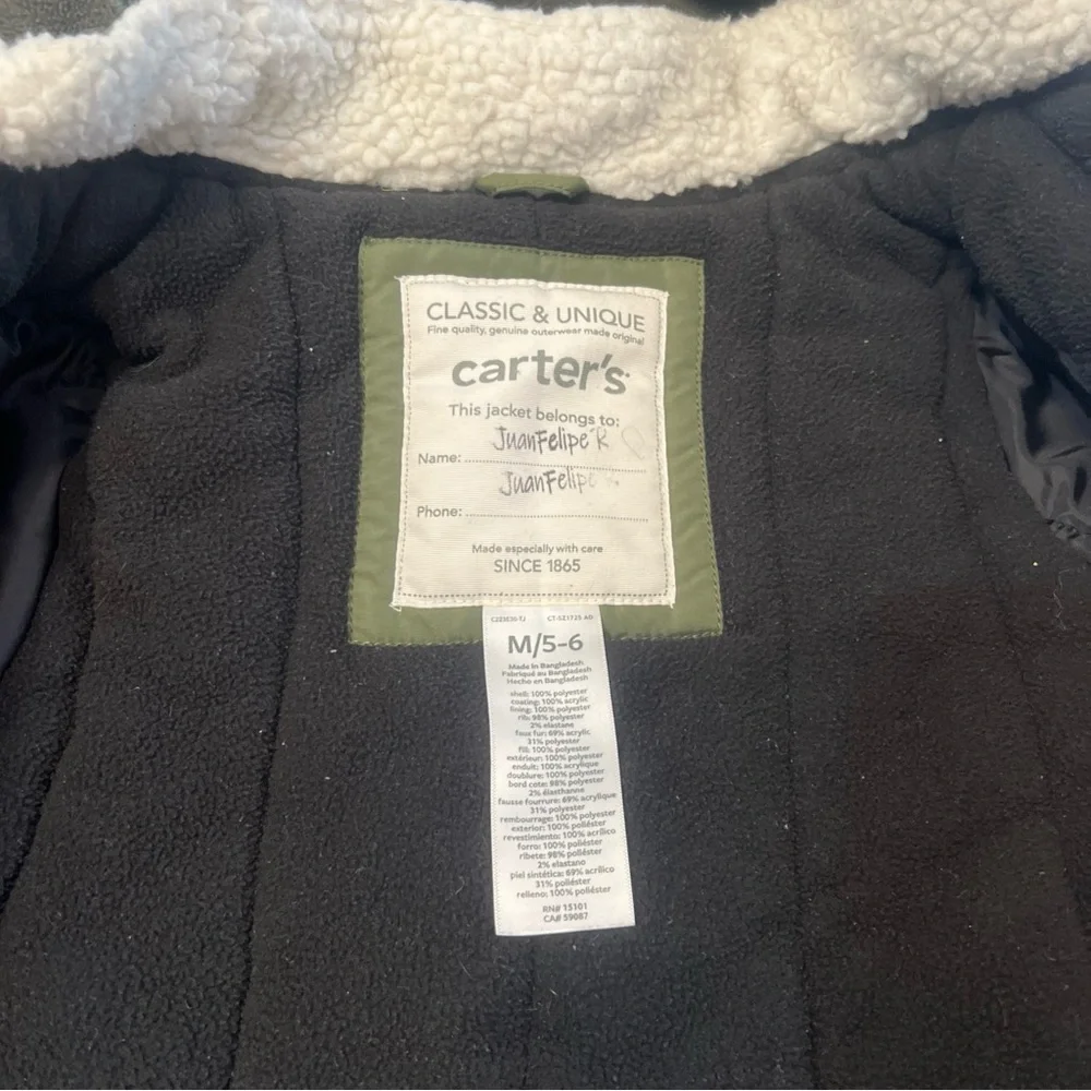 Carter’s Boys Faux Fur Hooded Parka Winter Coat Green Size M 5/6